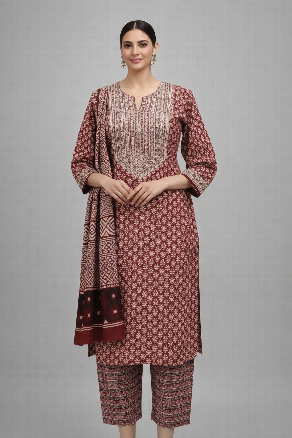 Maroon Printed Cotton Suit